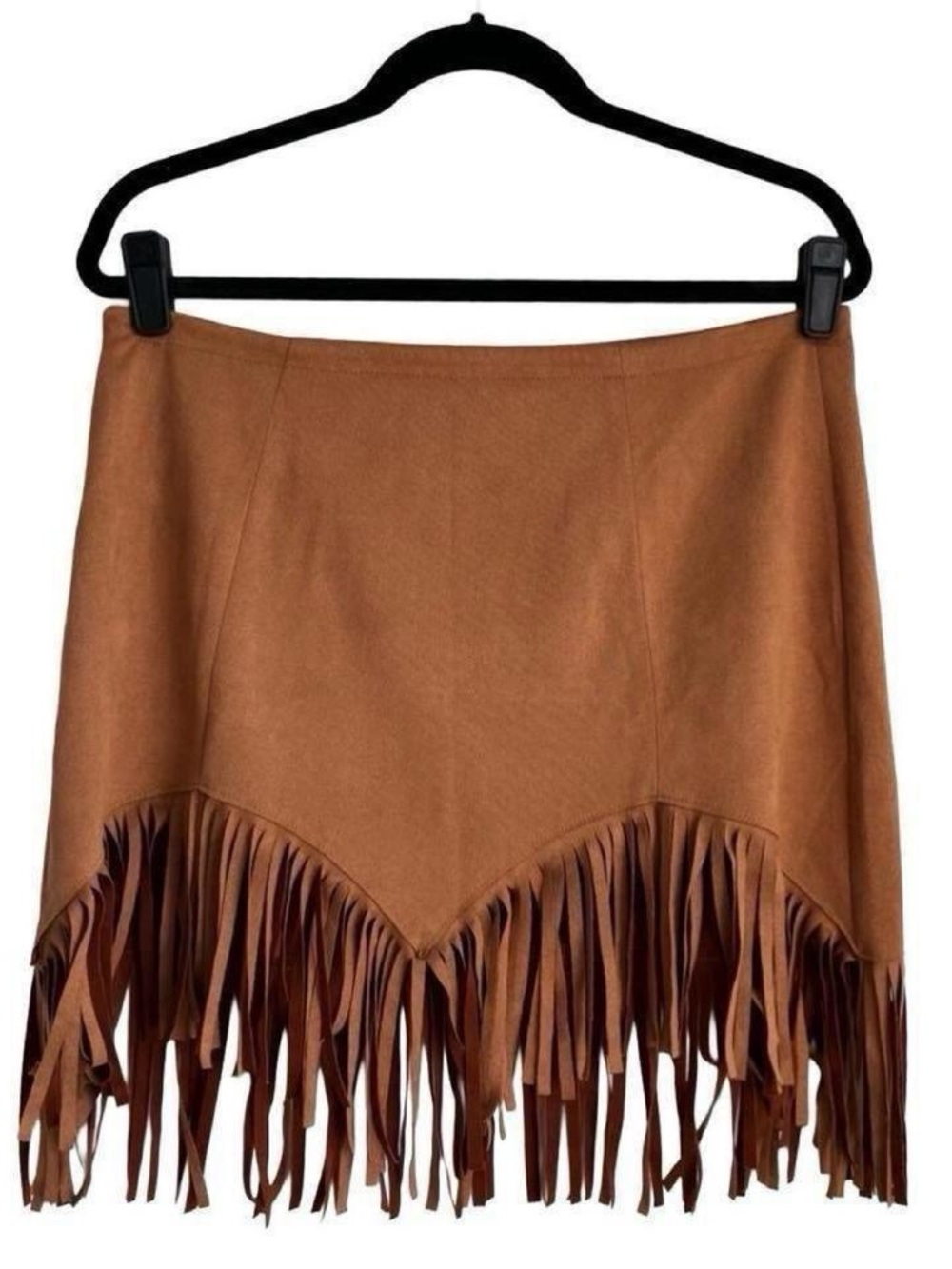 Vintage Fringe Mini Skirt Tan Brown Faux-Suede Asymmetrical Festival Y2K Boho